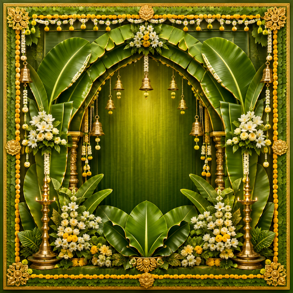 Traditional banana leaf toran Ganesh Chaturthi backdrop with marigold borders, white flowers, hanging bells and brass lamps GC-019-5