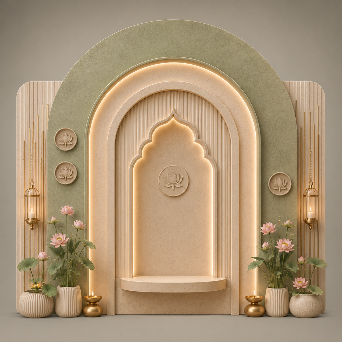 Modern sage green and ivory lotus arch Ganesh Chaturthi backdrop with warm lighting and floral decor GC-024-1