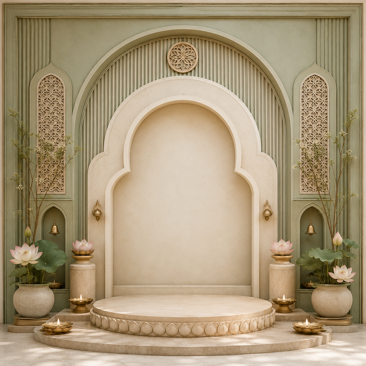 Royal sage green and ivory jali arch Ganesh Chaturthi backdrop with lotus decor, bells and diya details GC-024-2