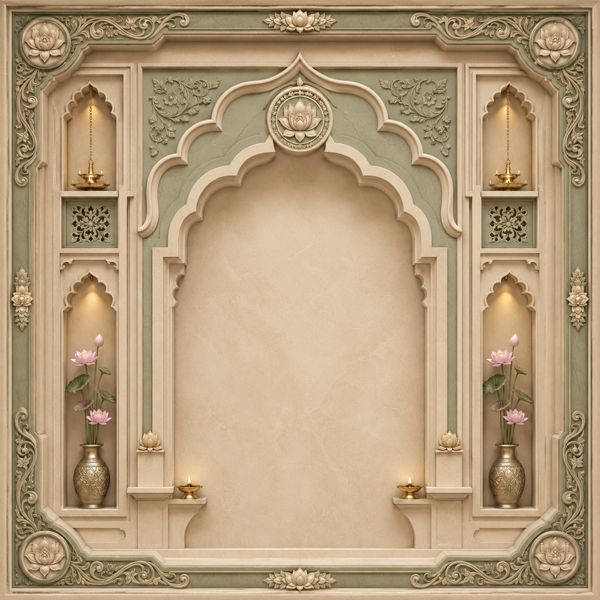 Ornate sage green and ivory lotus temple arch Ganesh Chaturthi backdrop with carved panels, hanging lamps and floral vases GC-024-3