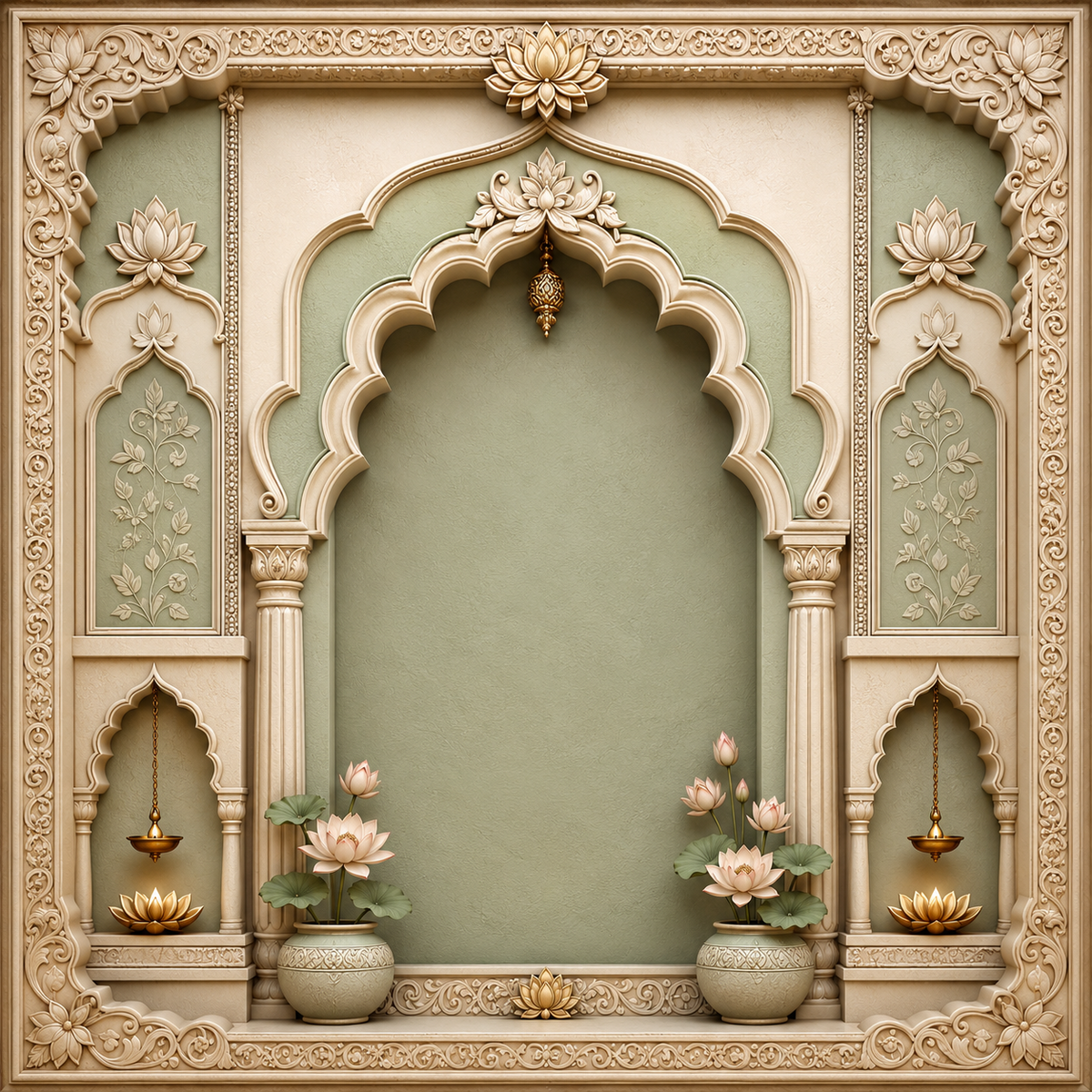 Regal sage green and ivory carved lotus arch Ganesh Chaturthi backdrop with ornate floral border, brass lamps and lotus planters GC-024-4