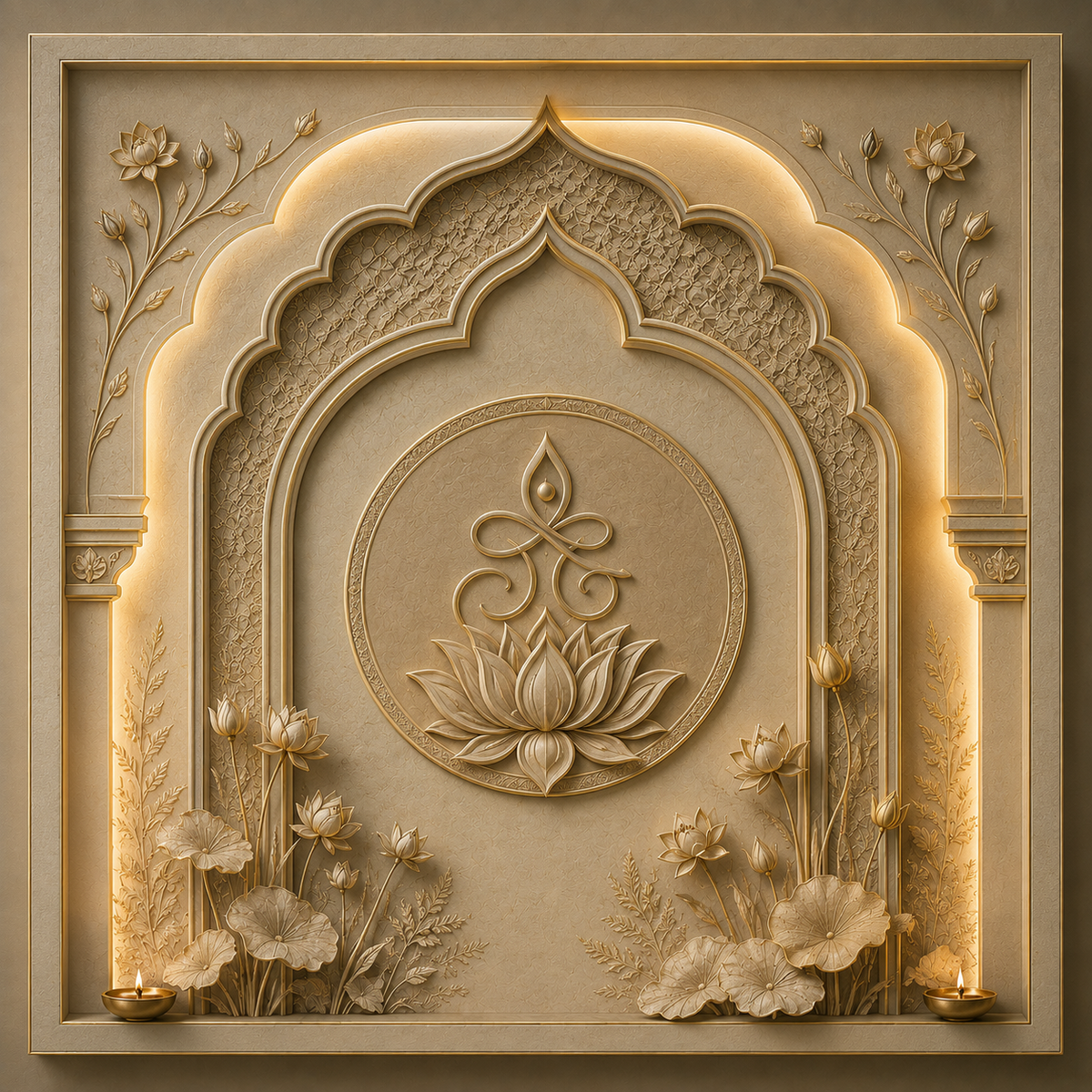 Illuminated ivory and gold lotus diya temple arch Ganesh Chaturthi backdrop with floral relief, lotus plants and warm diya lighting GC-025-2
