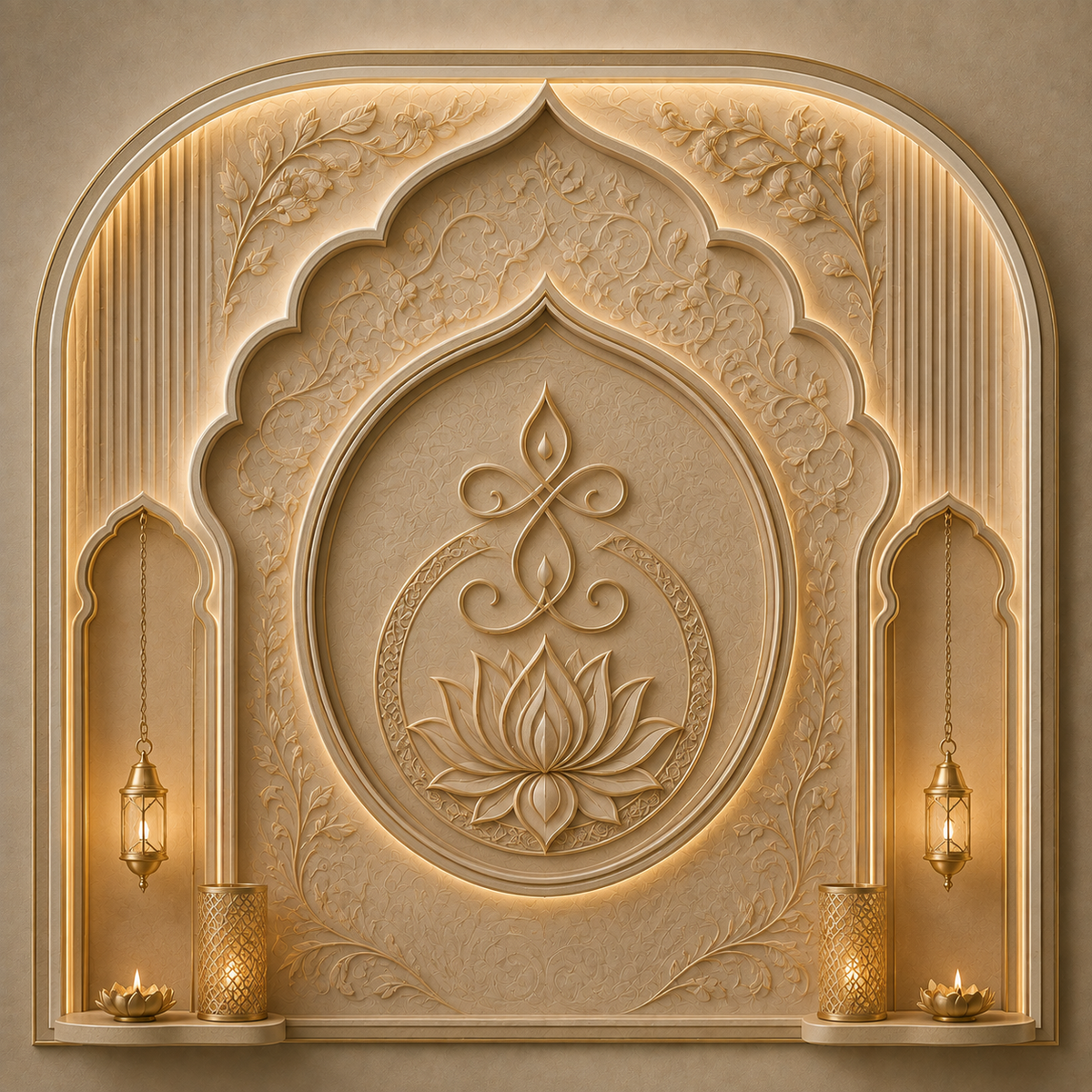 Golden lotus diya lantern arch Ganesh Chaturthi backdrop with illuminated floral carving, hanging lamps and lotus diya details GC-025-3