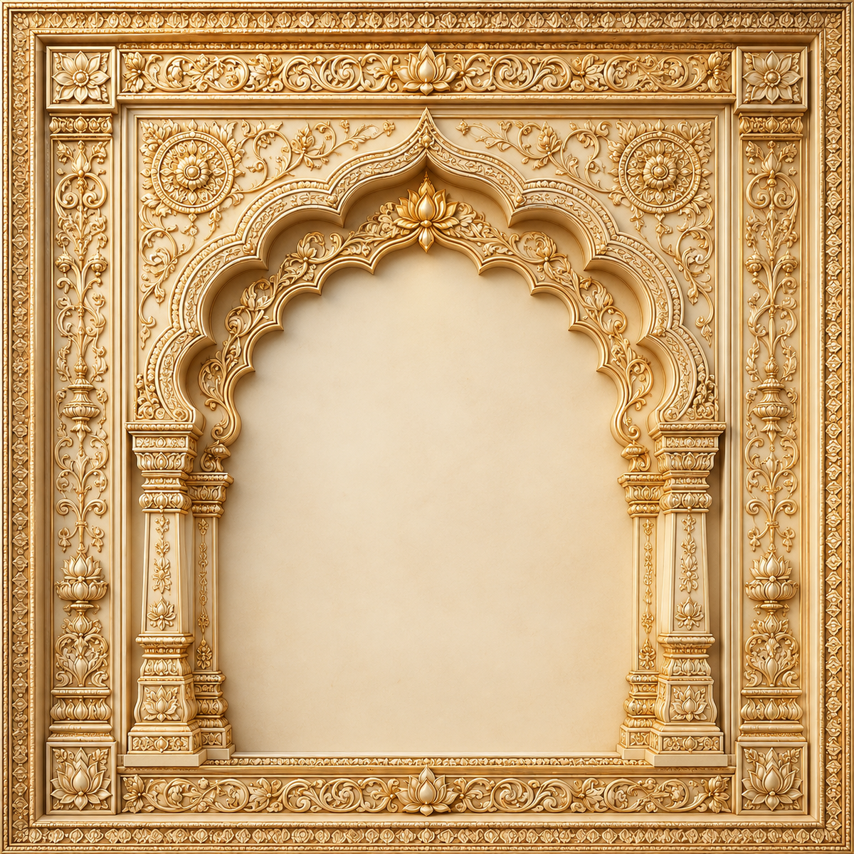 Royal ornate golden lotus arch Ganesh Chaturthi backdrop with carved floral border, temple pillars and open central space GC-025-4