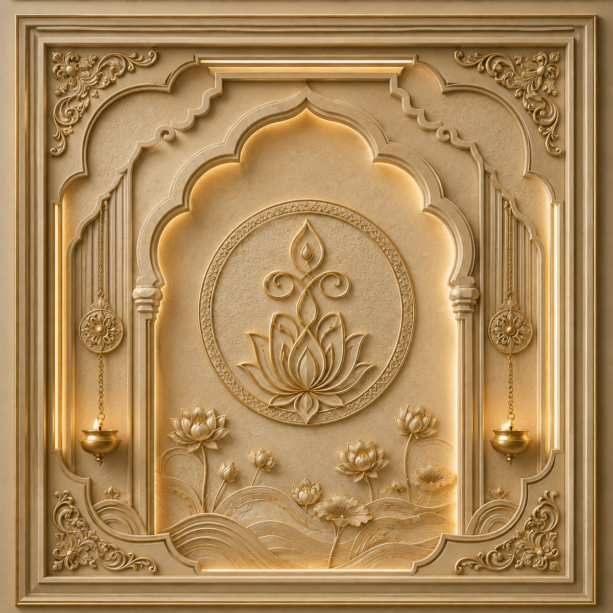 Illuminated ivory and gold lotus diya floral arch Ganesh Chaturthi backdrop with hanging diya motifs, lotus flowers and warm carved detailing GC-025-5