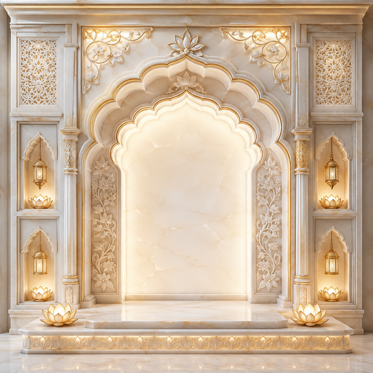 Royal ivory marble lotus arch Ganesh Chaturthi backdrop with floral carvings, lantern niches, lotus lamps and glowing centre GC-026-2