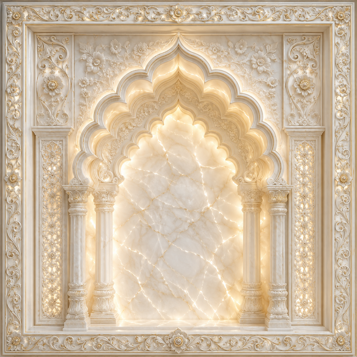 Ornate ivory marble floral temple arch Ganesh Chaturthi backdrop with carved pillars, glowing marble centre and detailed floral border GC-026-3