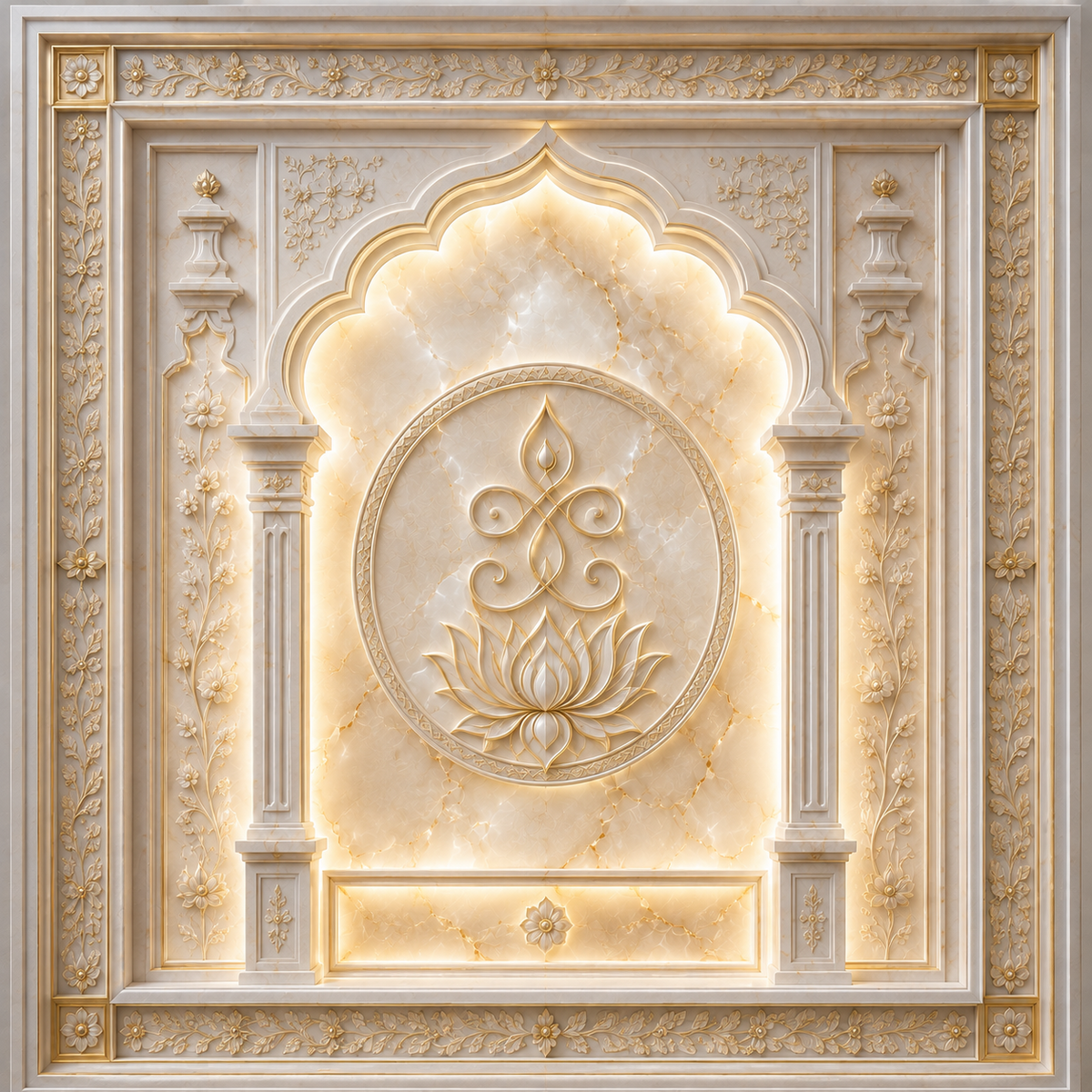 Illuminated ivory marble lotus diya arch Ganesh Chaturthi backdrop with floral borders, carved pillars and warm golden glow GC-026-4