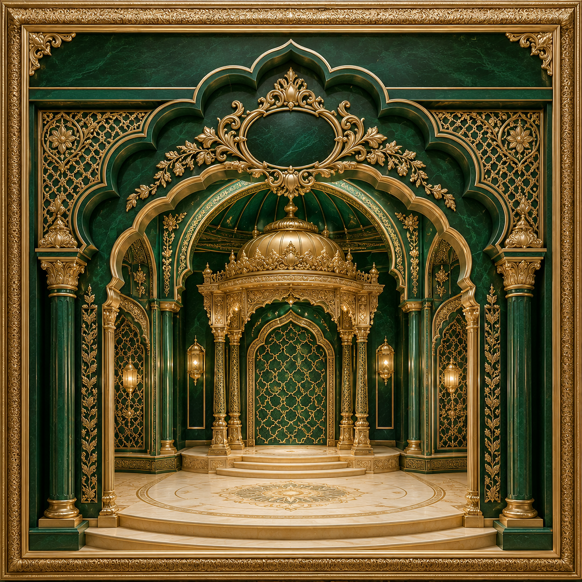 Emerald green and antique gold royal palace mandap Ganesh Chaturthi backdrop with carved arches, jali panels and domed canopy GC-028-1