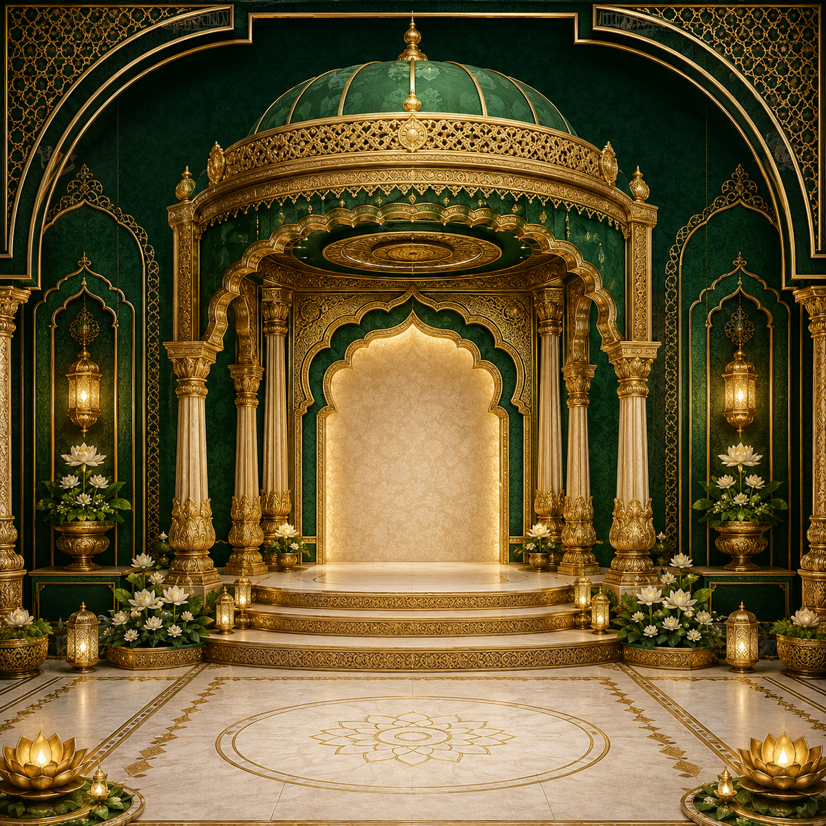 Emerald green and gold dome mandap Ganesh Chaturthi backdrop with ornate pillars, lotus flowers and lanterns GC-028-2