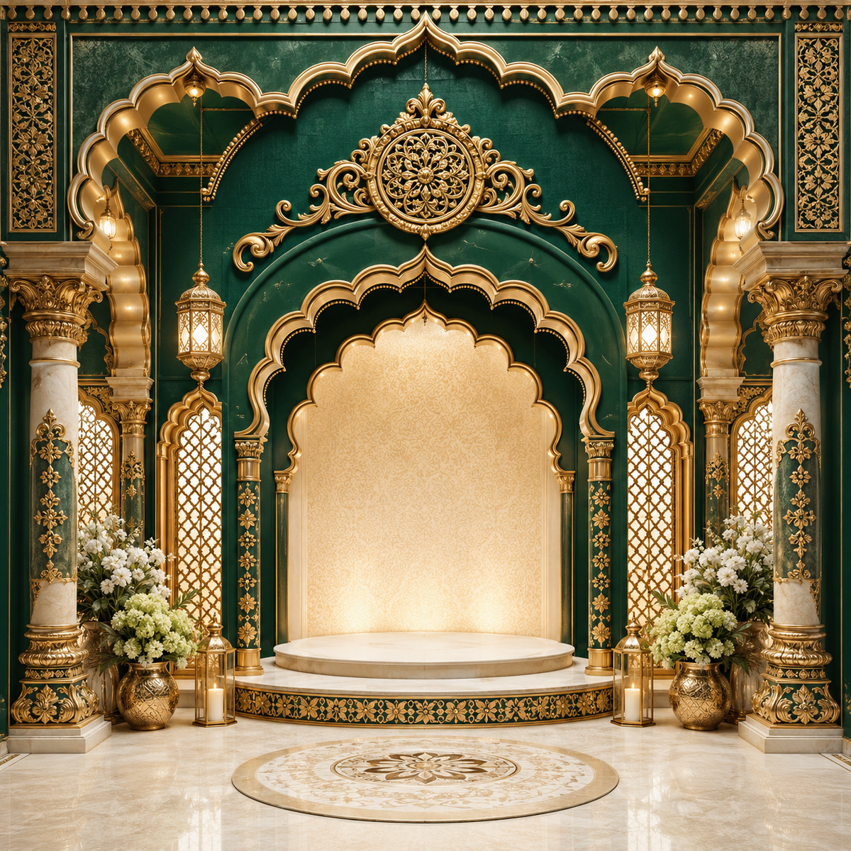 Emerald ivory palace arch Ganesh Chaturthi backdrop with marble pillars, jali windows, hanging lanterns and white flowers GC-028-3