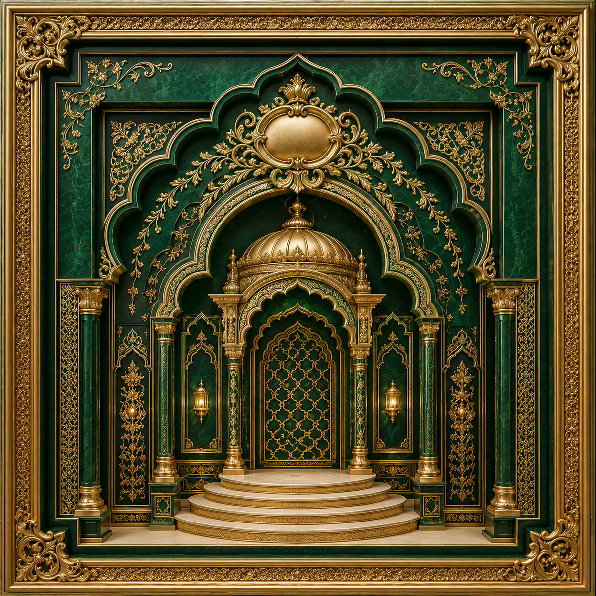 Royal emerald green and gold mandap Ganesh Chaturthi backdrop with domed canopy, carved arches, pillars and jali detailing GC-028-4