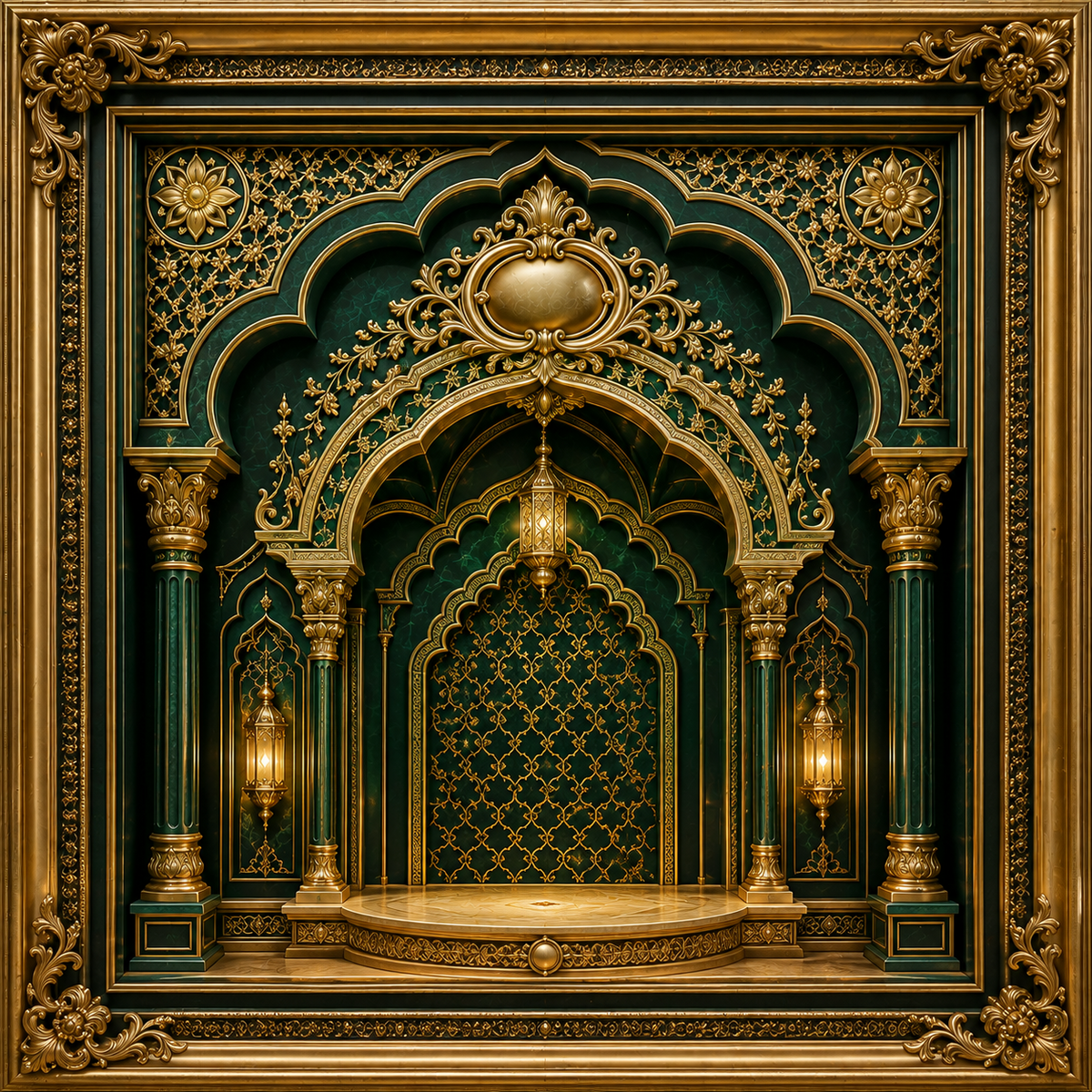 Emerald green and gold lantern temple arch Ganesh Chaturthi backdrop with ornate pillars, jali centre and raised stage GC-028-5