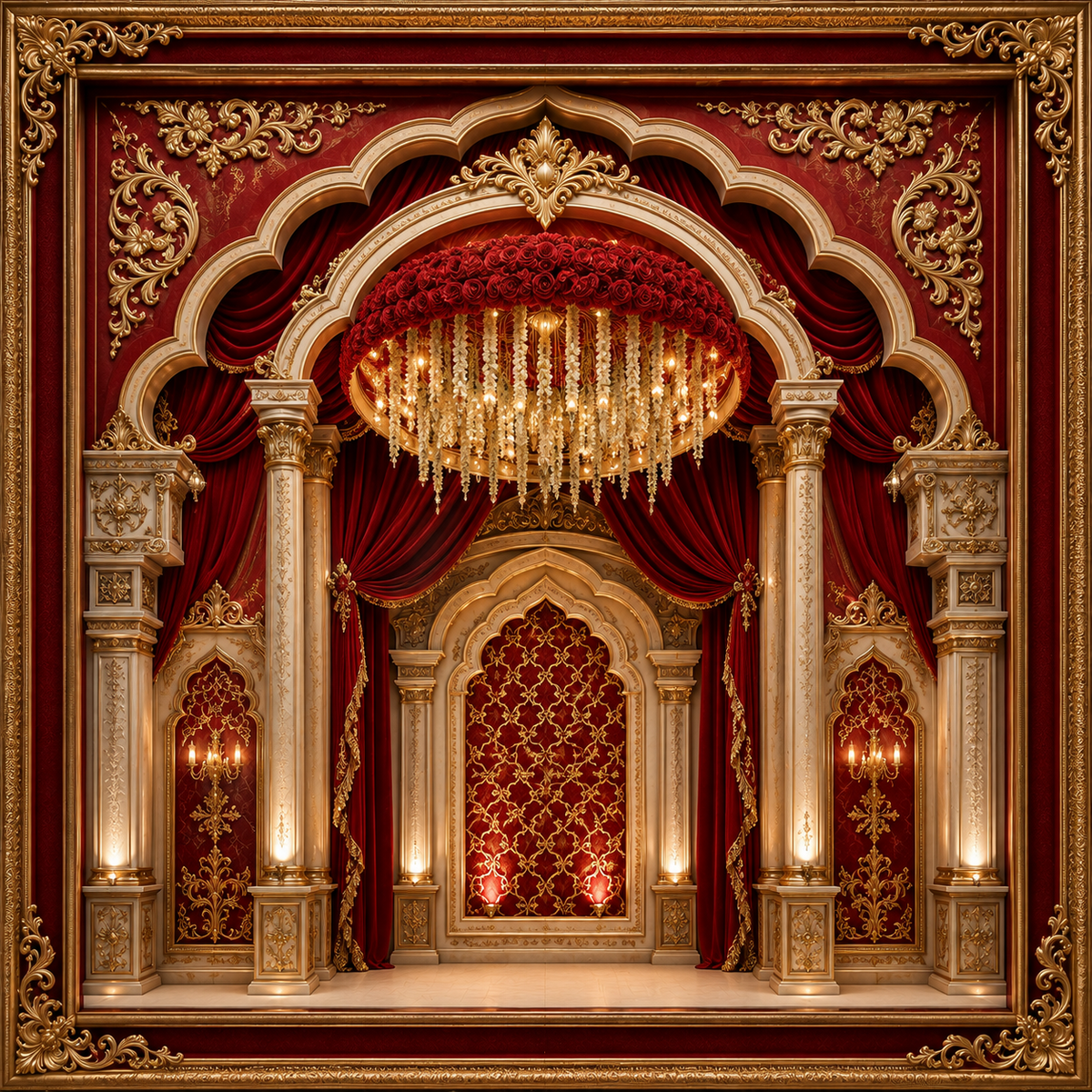 Ruby red and gold royal floral palace Ganesh Chaturthi backdrop with rose canopy, drapes, arches and columns GC-029-1