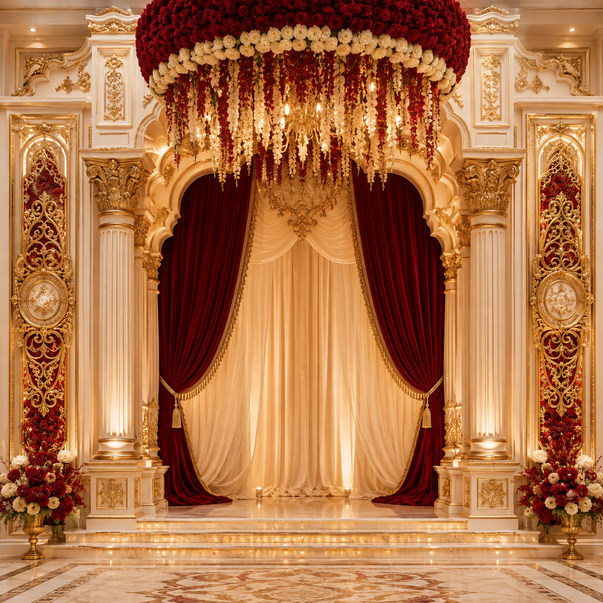 Ruby red ivory and gold palace Ganesh Chaturthi backdrop with rose canopy, floral hangings, royal drapes and columns GC-029-2