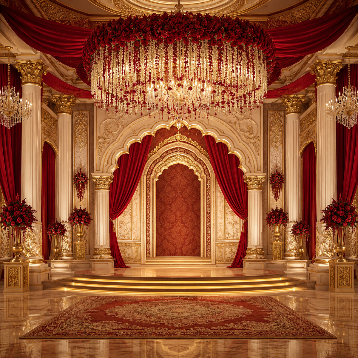 Ruby red ivory and gold royal palace Ganesh Chaturthi backdrop with chandelier, rose canopy, draped curtains and columns GC-029-3