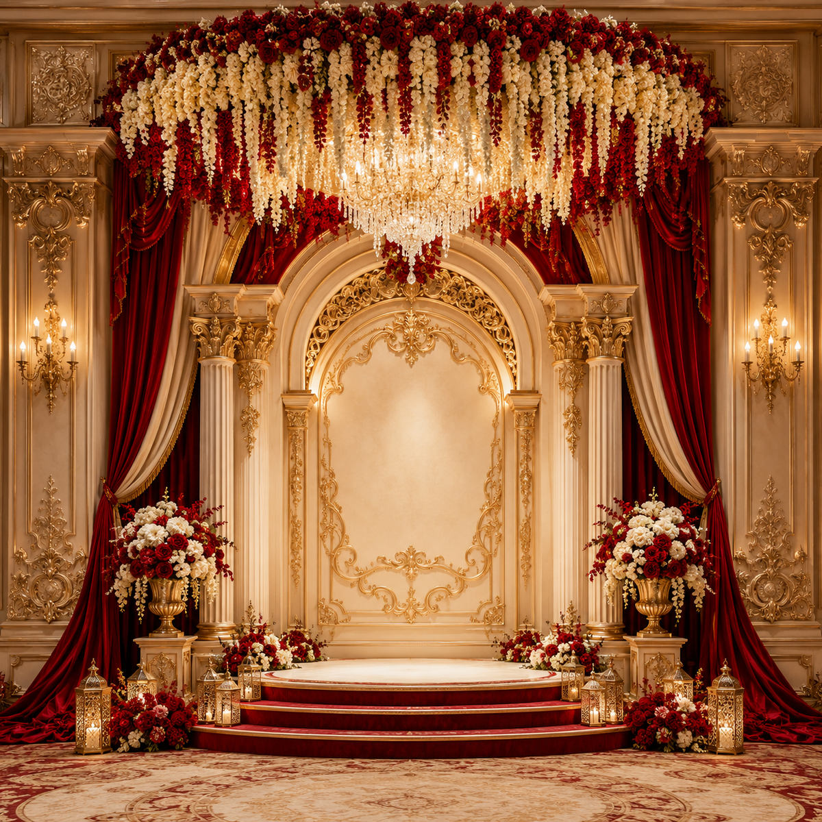 Ruby red ivory and gold floral chandelier mandap Ganesh Chaturthi backdrop with arches, roses, drapes and lanterns GC-029-4