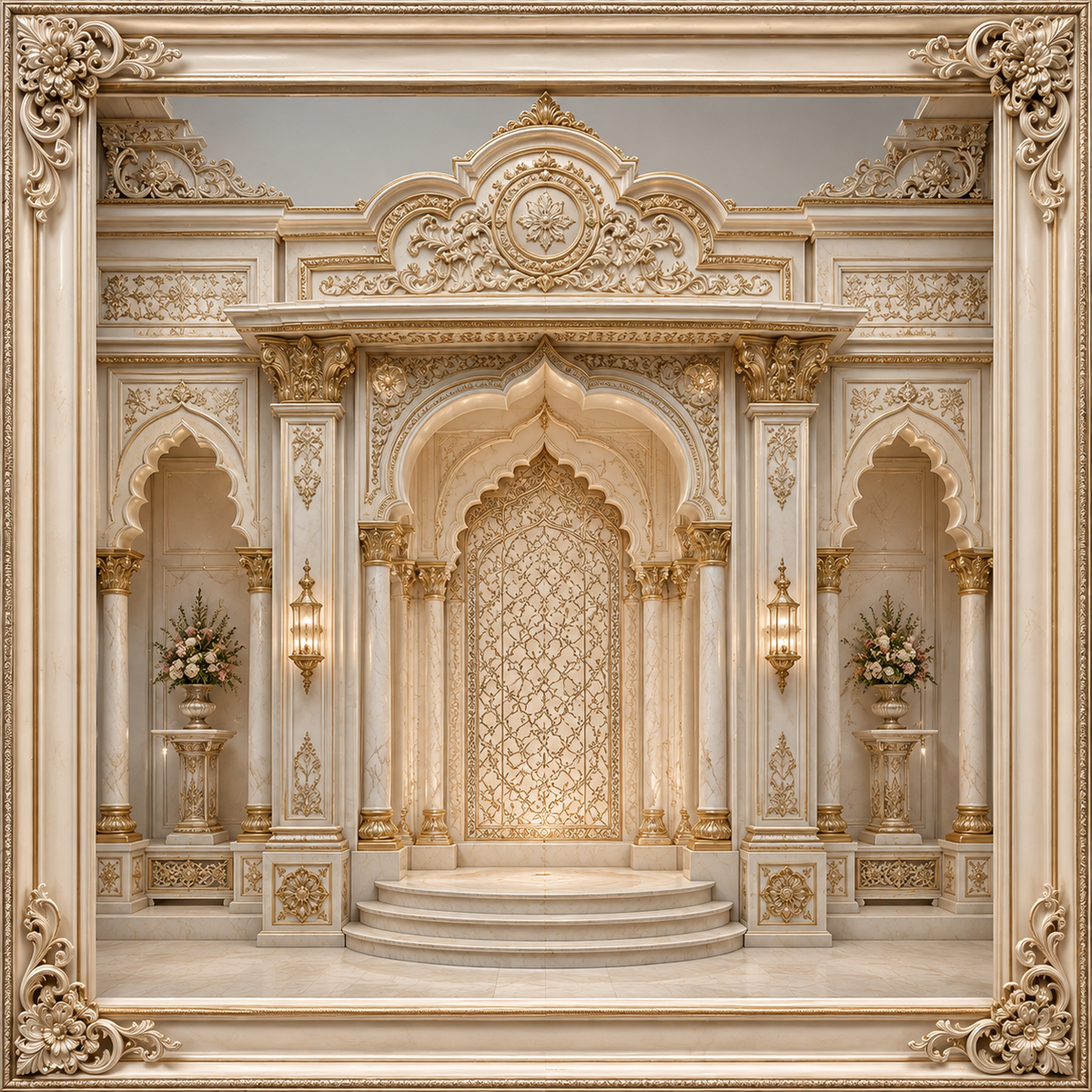 Ivory and gold royal palace Ganesh Chaturthi backdrop with carved arches, columns and floral accents GC-030-1