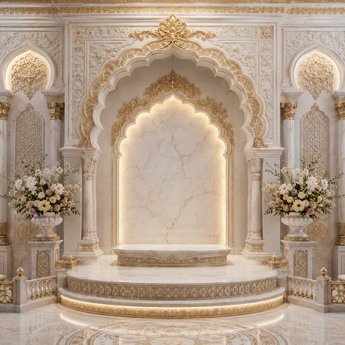 Ivory marble floral arch Ganesh Chaturthi backdrop with gold carving, flower urns and illuminated centre GC-030-2