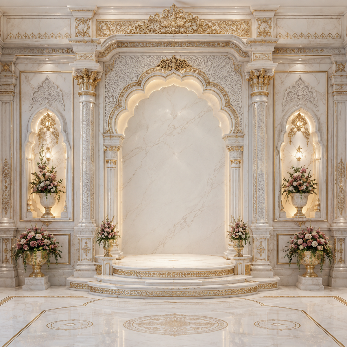 Ivory marble palace Ganesh Chaturthi backdrop with gold arches, side floral niches and raised stage GC-030-3