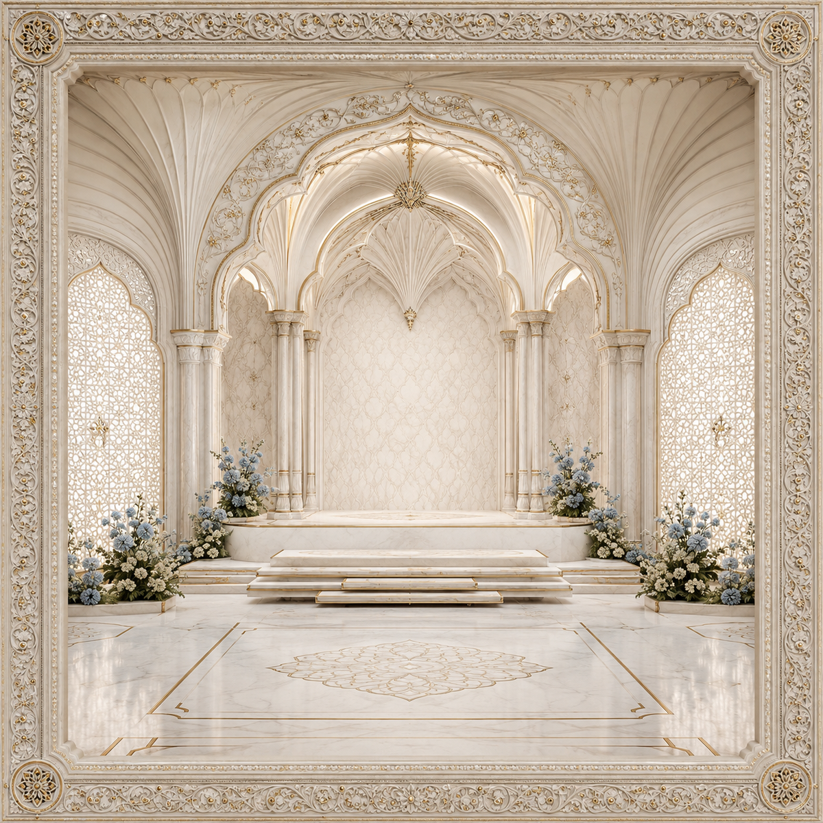 White marble pavilion Ganesh Chaturthi backdrop with ornate arches, jali windows, blue floral arrangements and gold detailing GC-030-4