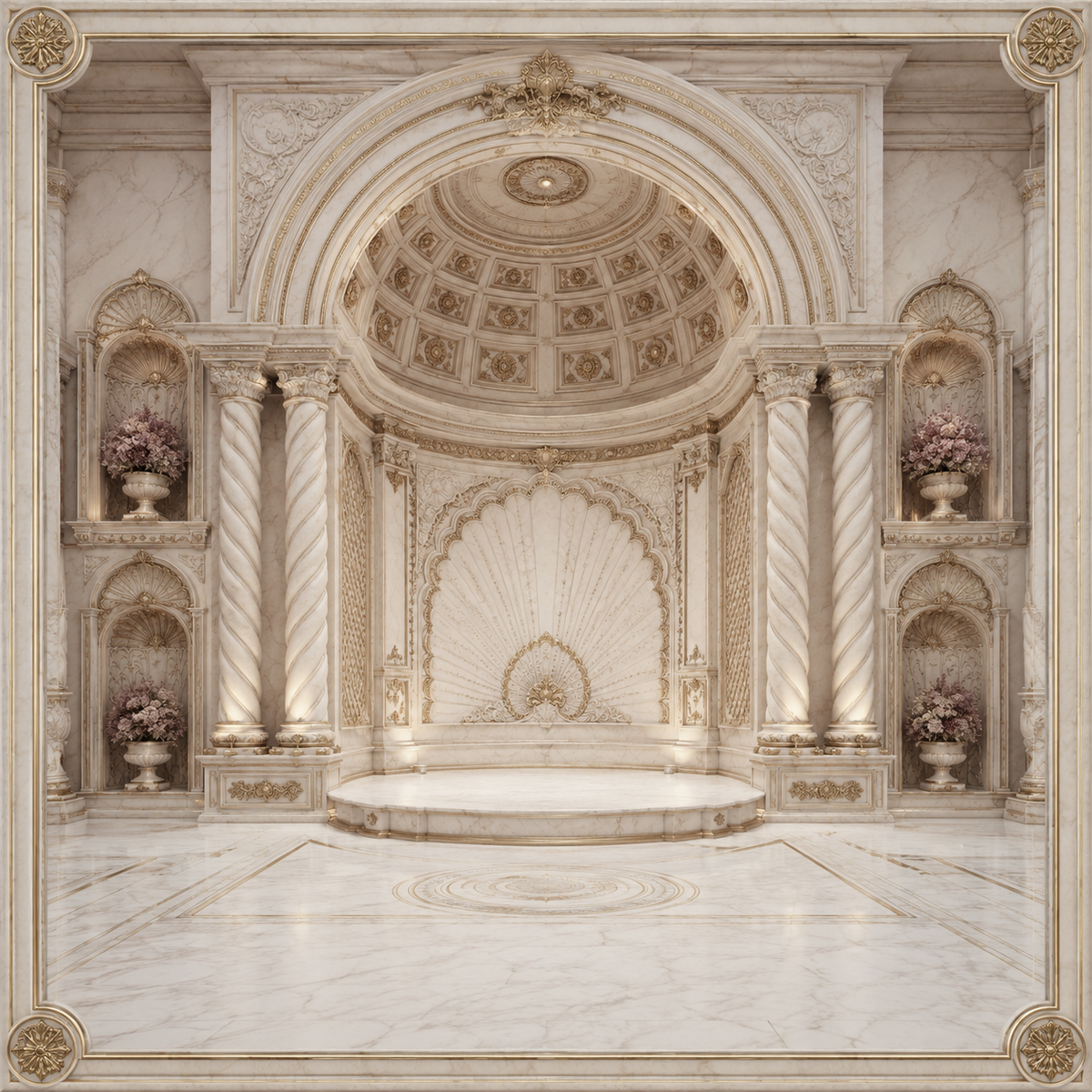 Ivory domed palace Ganesh Chaturthi backdrop with spiral columns, shell arch, pink flowers and gold detailing GC-030-5