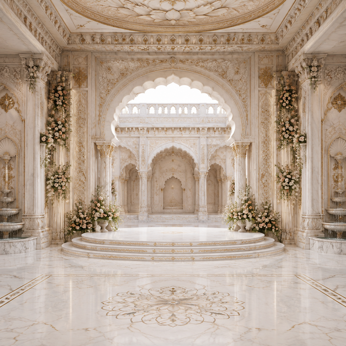 Ivory floral palace courtyard Ganesh Chaturthi backdrop with carved arches, fountains, floral columns and gold accents GC-030-6
