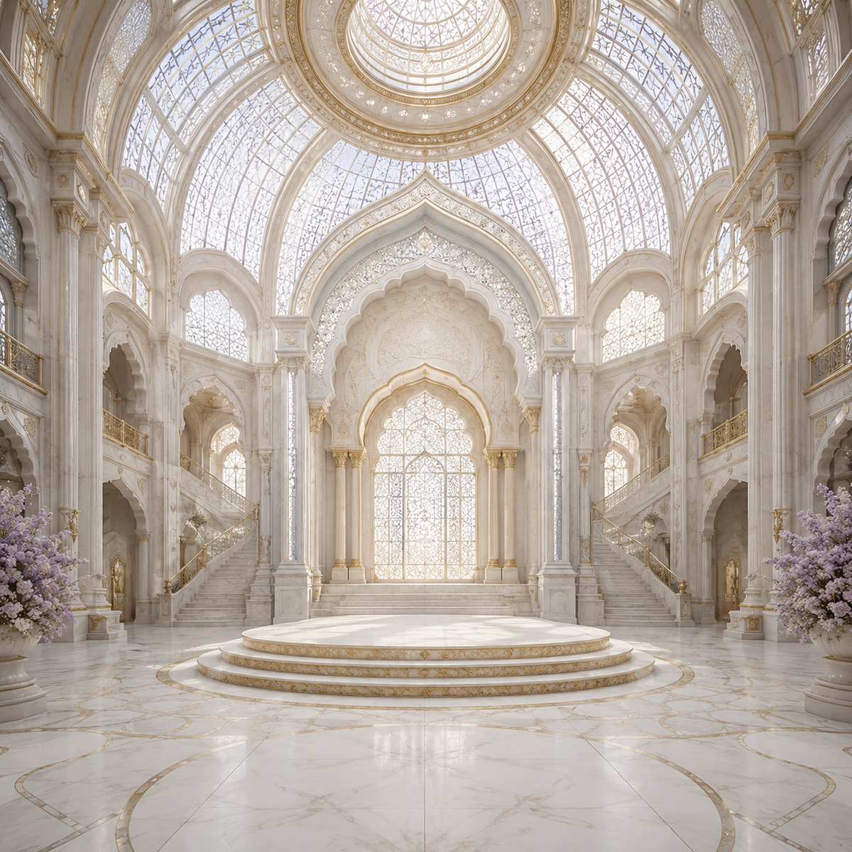 Grand ivory glass dome palace Ganesh Chaturthi backdrop with sweeping staircases, ornate arches and lilac floral arrangements GC-030-8