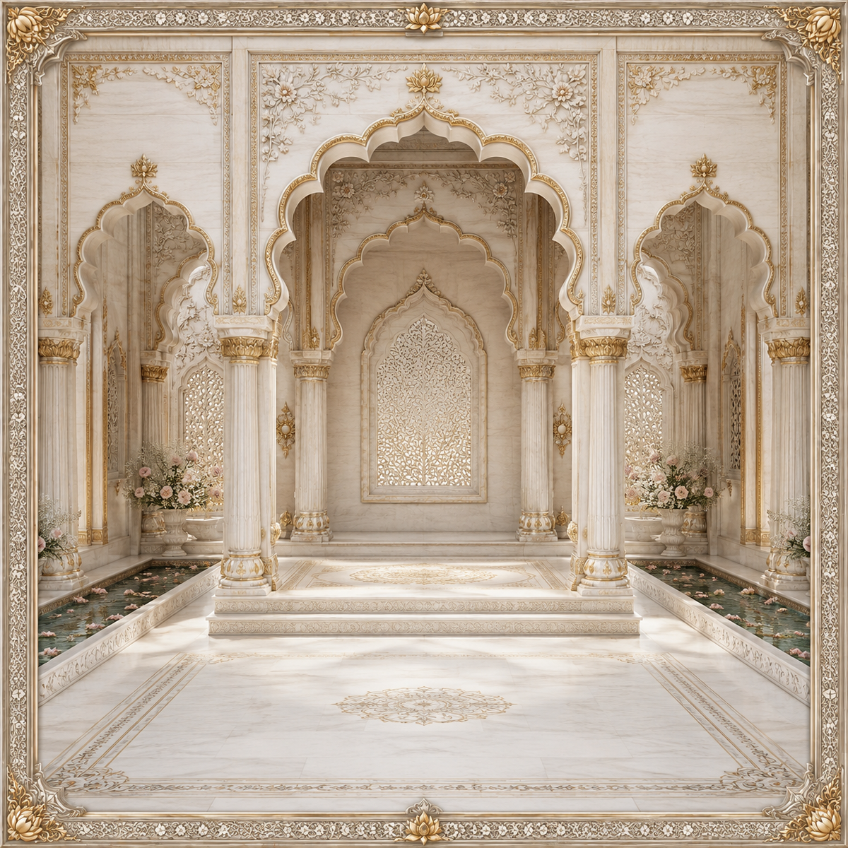 Ivory palace courtyard Ganesh Chaturthi backdrop with carved arches, reflective water channels, pink flowers and gold detailing GC-030-9