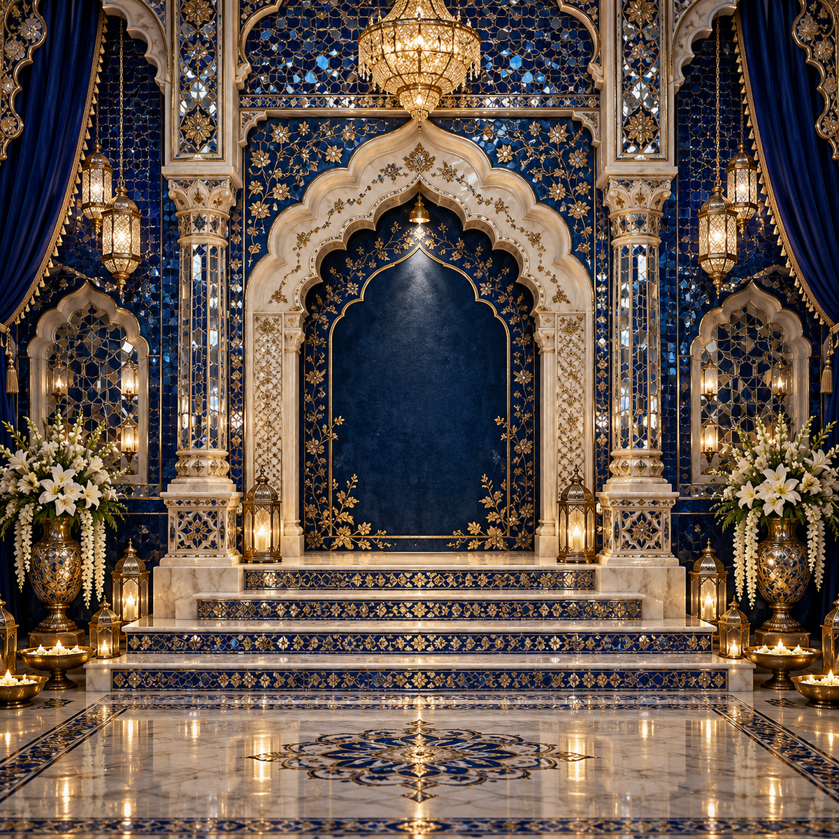 Royal blue and gold palace Ganesh Chaturthi backdrop with ivory arches, hanging lanterns, floral arrangements and marble stage GC-031-1