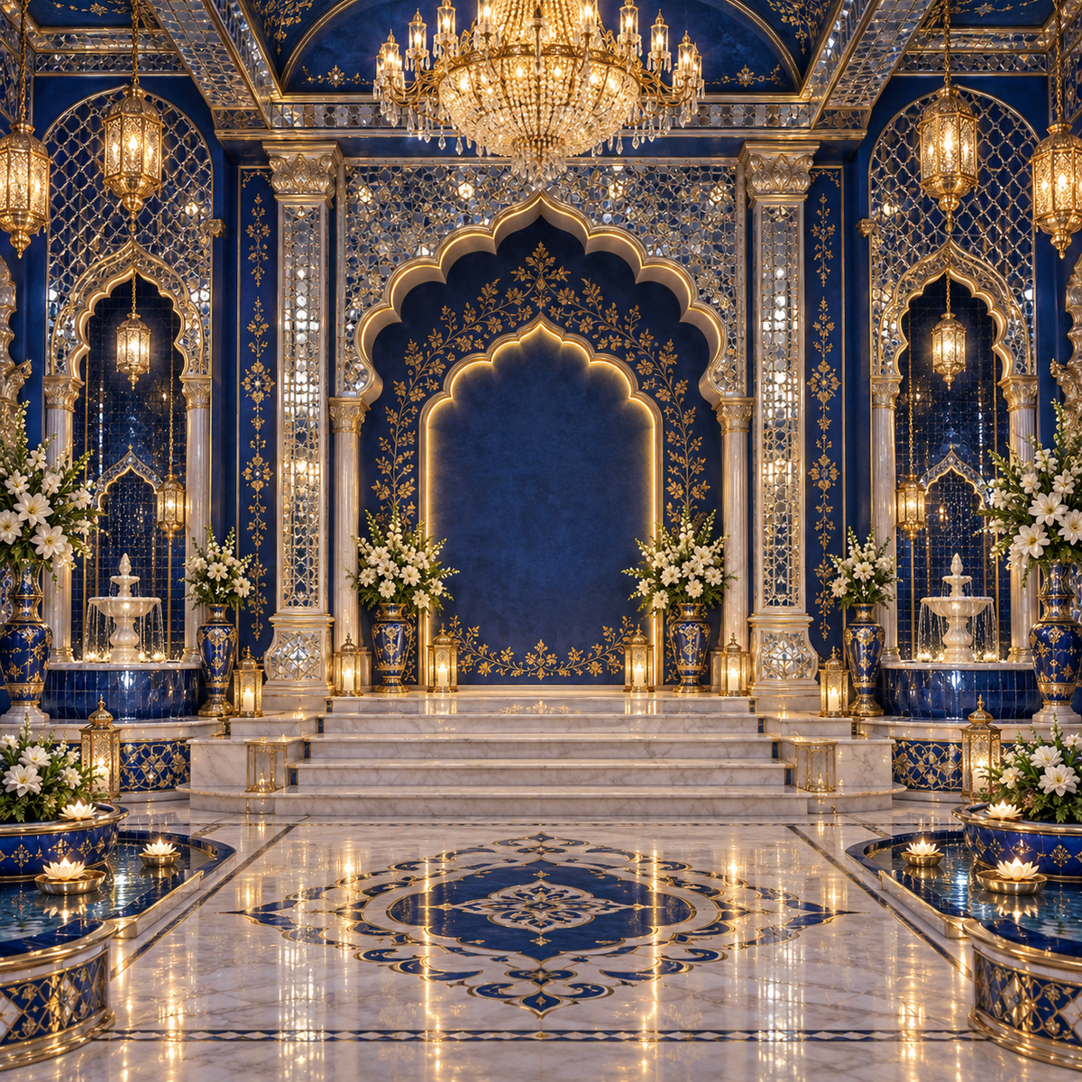 Royal blue and gold chandelier palace Ganesh Chaturthi backdrop with floral arrangements, lanterns, white marble columns and illuminated arches GC-031-2