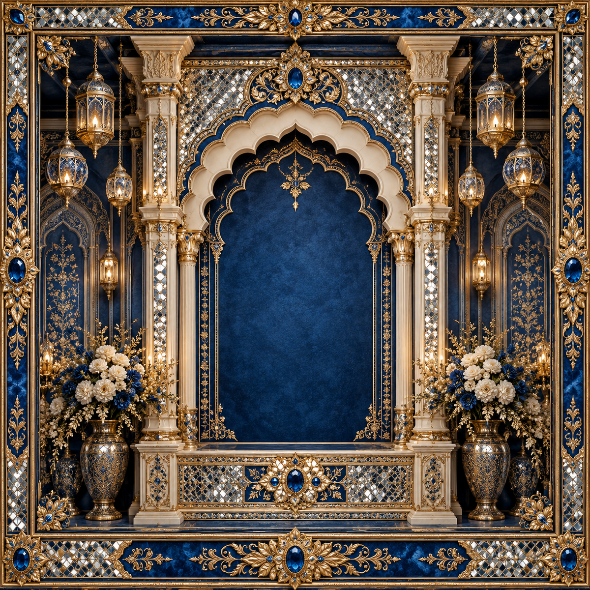 Royal sapphire blue and gold ornate arch Ganesh Chaturthi backdrop with carved pillars, hanging lanterns and floral urns GC-031-3