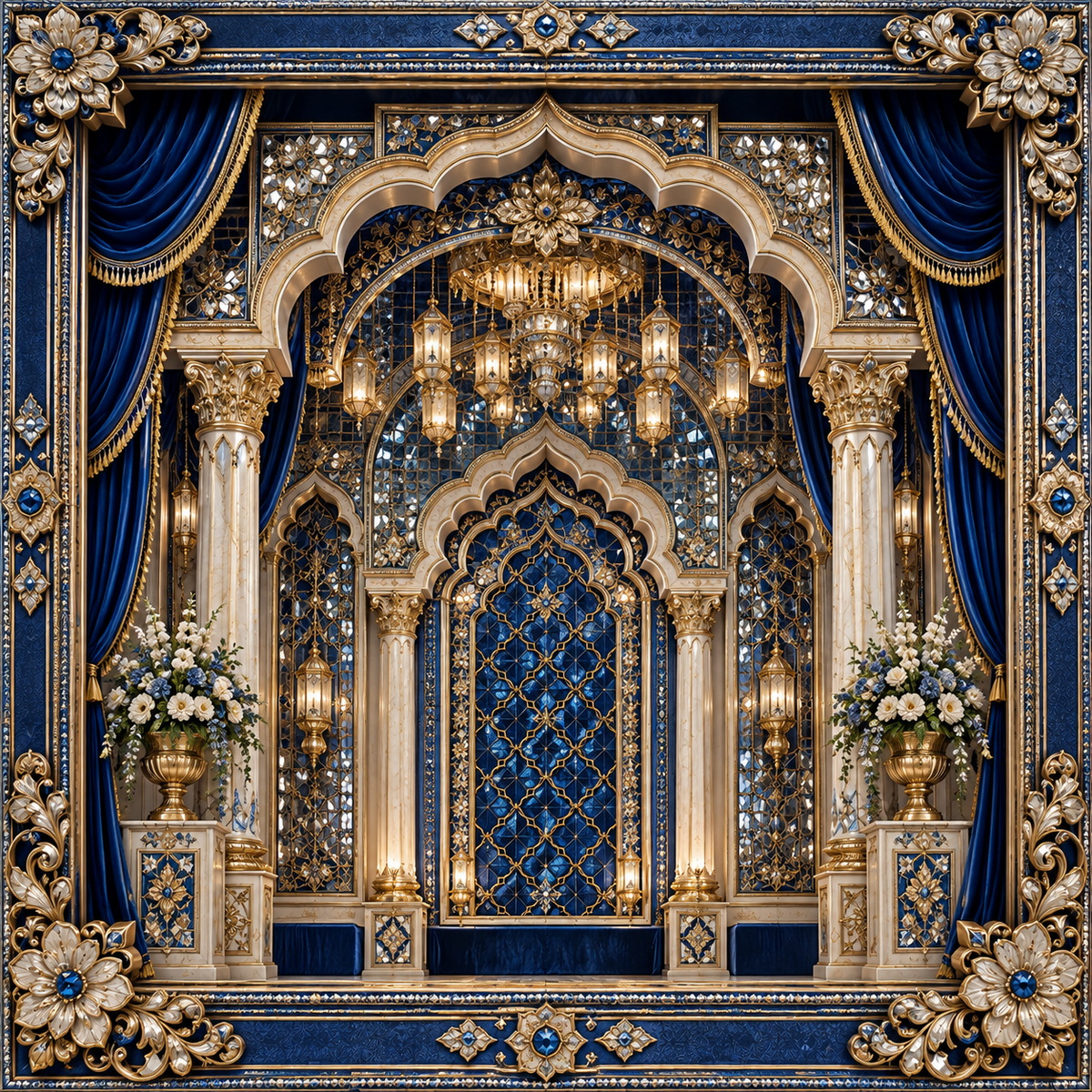 Royal blue and gold chandelier arch Ganesh Chaturthi backdrop with layered arches, carved columns, floral arrangements and ornate border GC-031-4