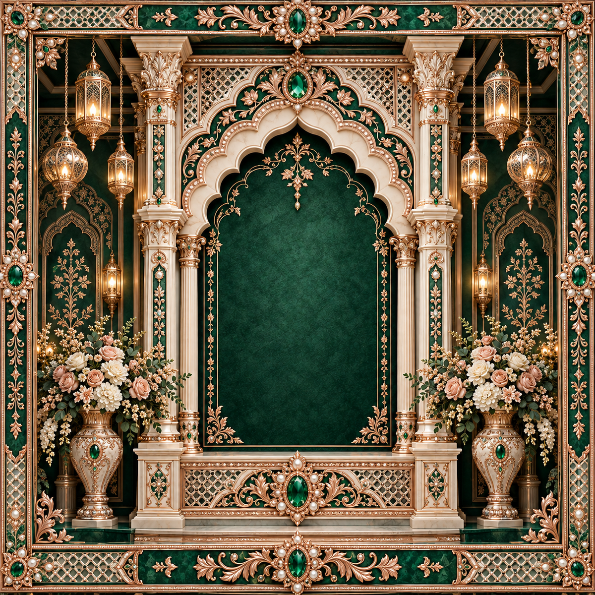 Emerald green, blush pink and gold palace Ganesh Chaturthi backdrop with ornate arch, hanging lanterns, carved pillars and floral urns GC-031-5