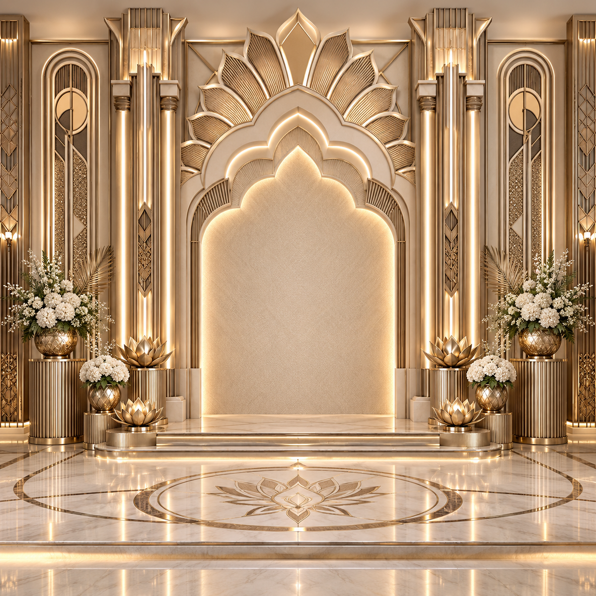 Modern ivory and gold lotus arch Ganesh Chaturthi backdrop with illuminated scalloped arch, floral arrangements and geometric palace columns GC-032-1