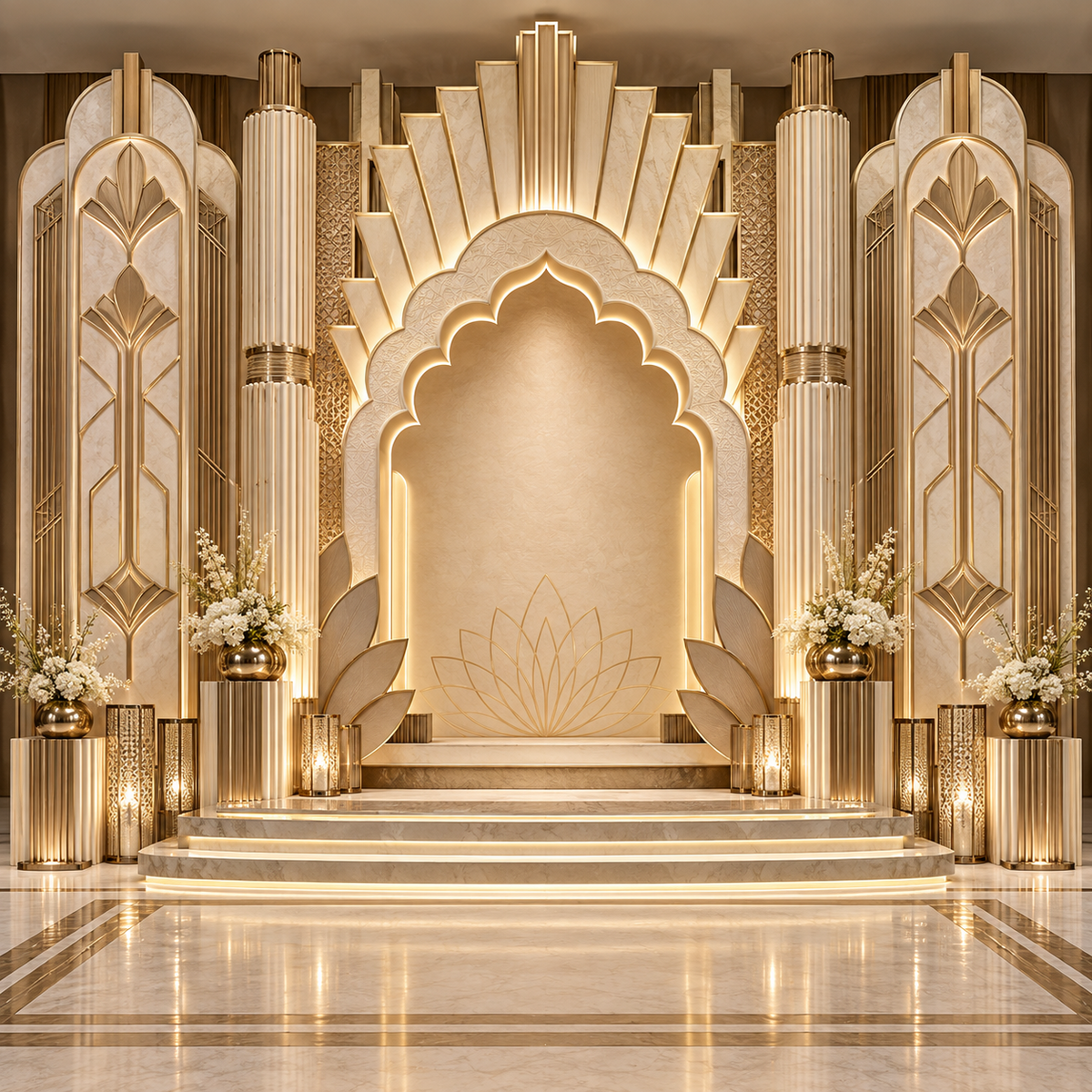 Royal ivory and gold lotus sunburst Ganesh Chaturthi backdrop with illuminated arch, tall fluted columns, floral urns and lantern accents GC-032-2