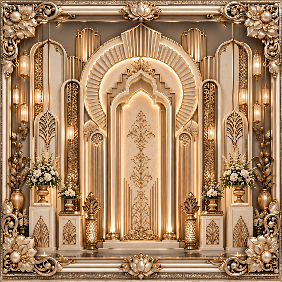 Ornate ivory and gold lotus palace Ganesh Chaturthi backdrop with layered arches, hanging lanterns, floral urns and decorative border GC-032-3
