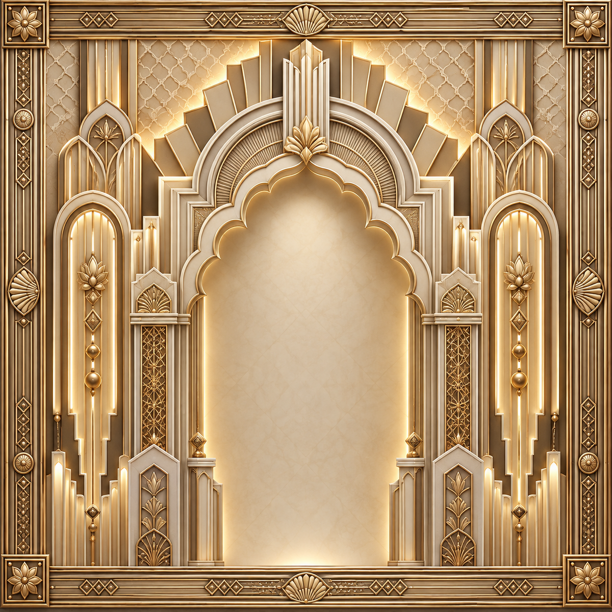 Art deco ivory and antique gold Ganesh Chaturthi backdrop with illuminated scalloped arch, geometric sunburst panels and floral motifs GC-032-4