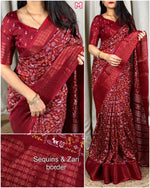 Load image into Gallery viewer, New Kalamkari Print Saree With Sequin &amp; Zari Boder &amp; Tussles in Pallu With Printed Blouse
