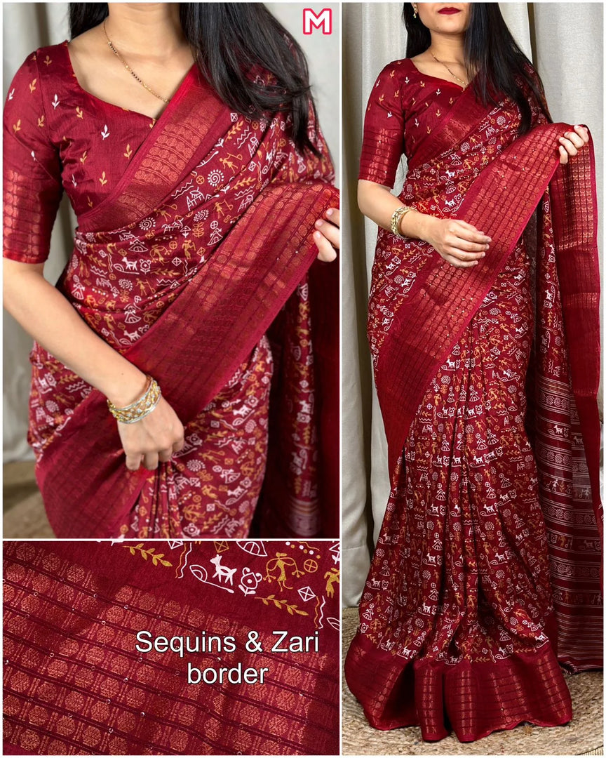 New Kalamkari Print Saree With Sequin & Zari Boder & Tussles in Pallu With Printed Blouse