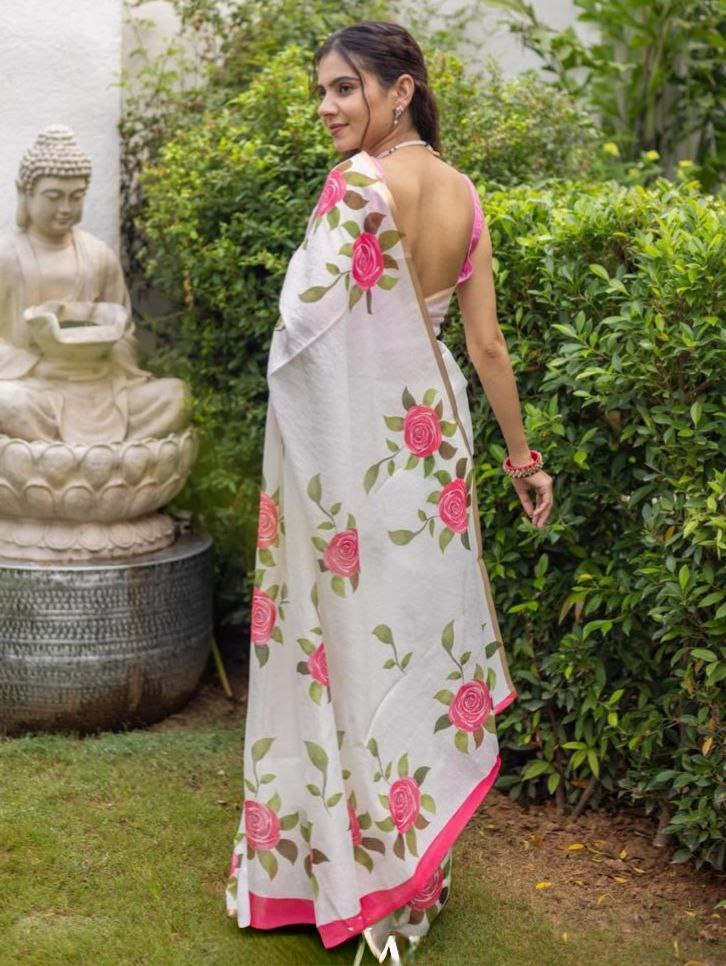 White Floral Printed Cotton Linen Saree with Pink Border Magnite-Magnite (SE-1079-Cotton Lilen)