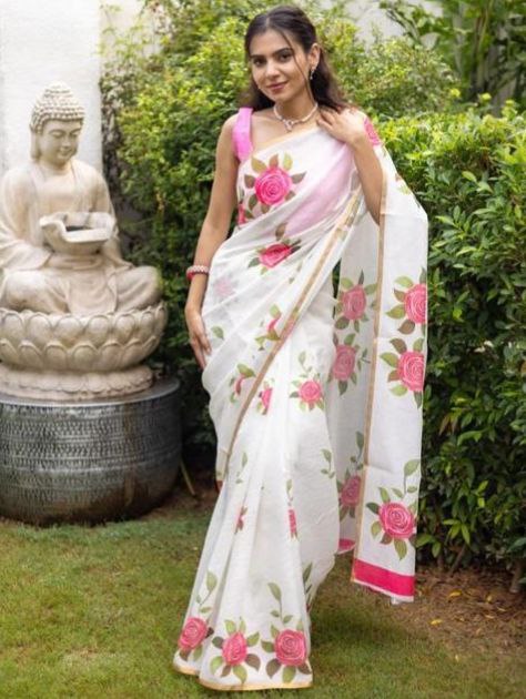 White Floral Printed Cotton Linen Saree with Pink Border Magnite-Magnite (SE-1079-Cotton Lilen)