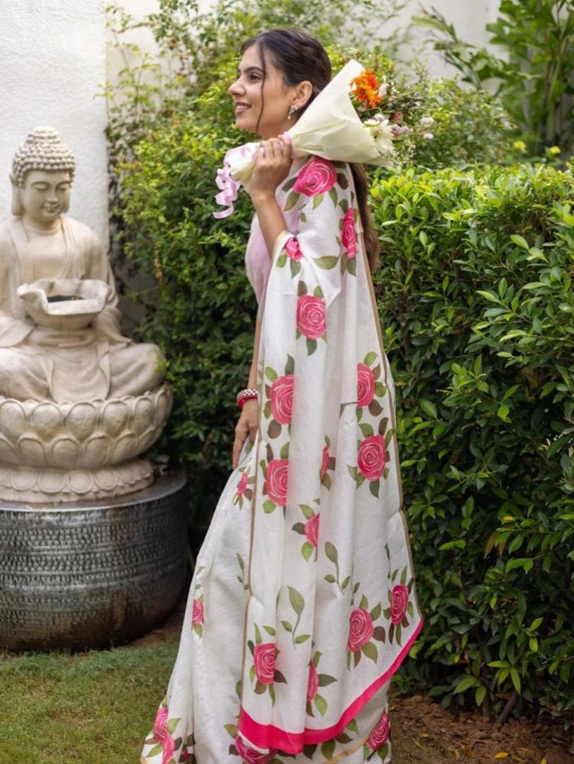 White Floral Printed Cotton Linen Saree with Pink Border Magnite-Magnite (SE-1079-Cotton Lilen)