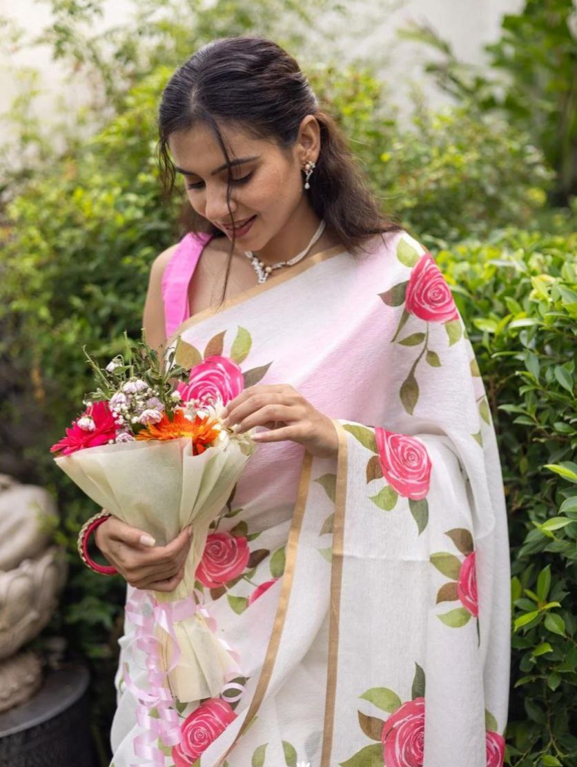White Floral Printed Cotton Linen Saree with Pink Border Magnite-Magnite (SE-1079-Cotton Lilen)