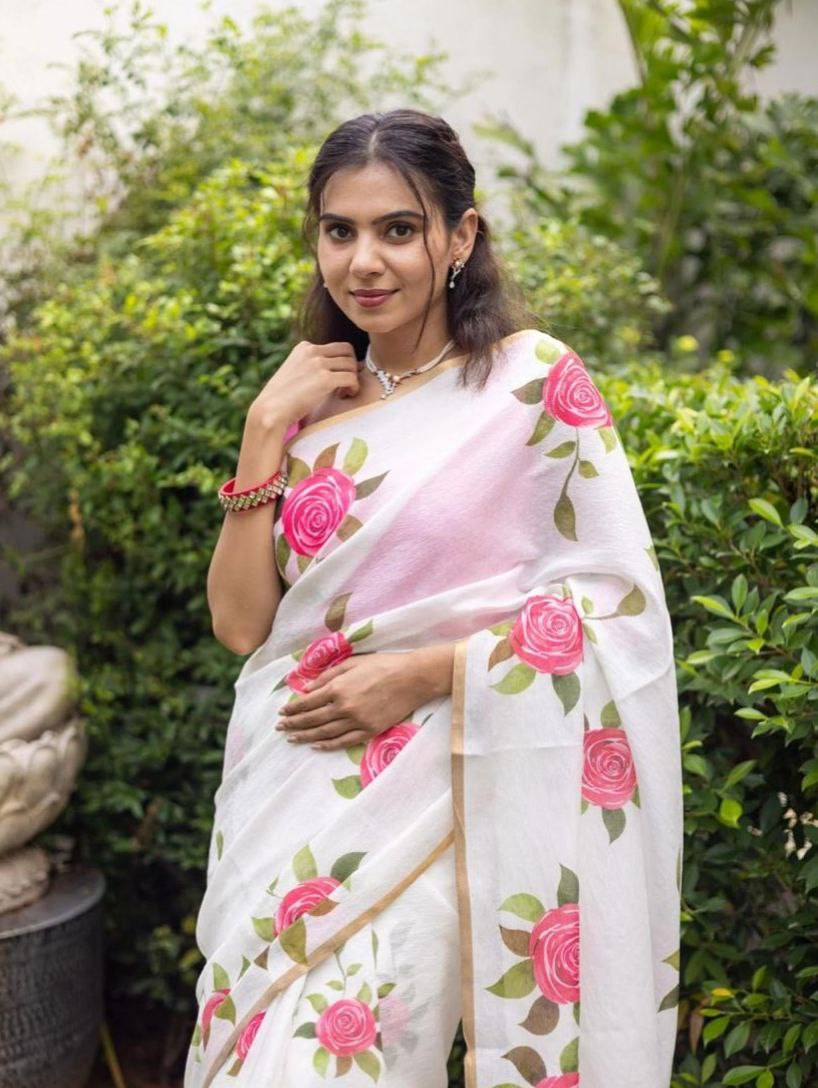 White Floral Printed Cotton Linen Saree with Pink Border Magnite-Magnite (SE-1079-Cotton Lilen)