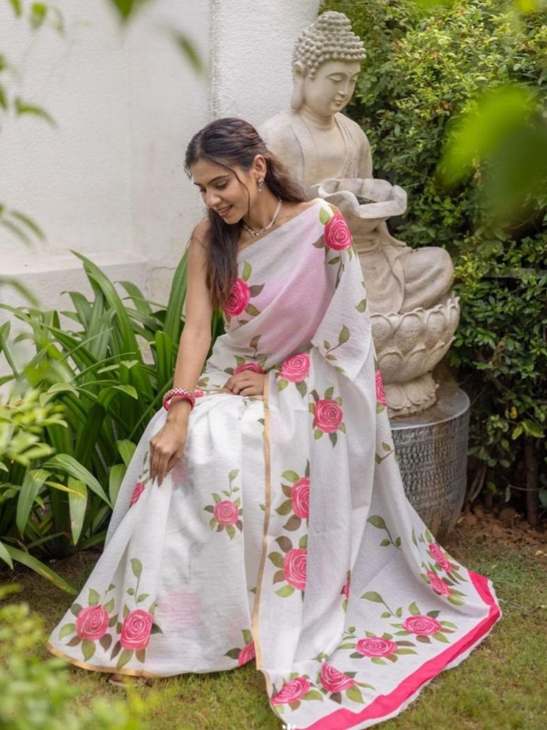 White Floral Printed Cotton Linen Saree with Pink Border Magnite-Magnite (SE-1079-Cotton Lilen)