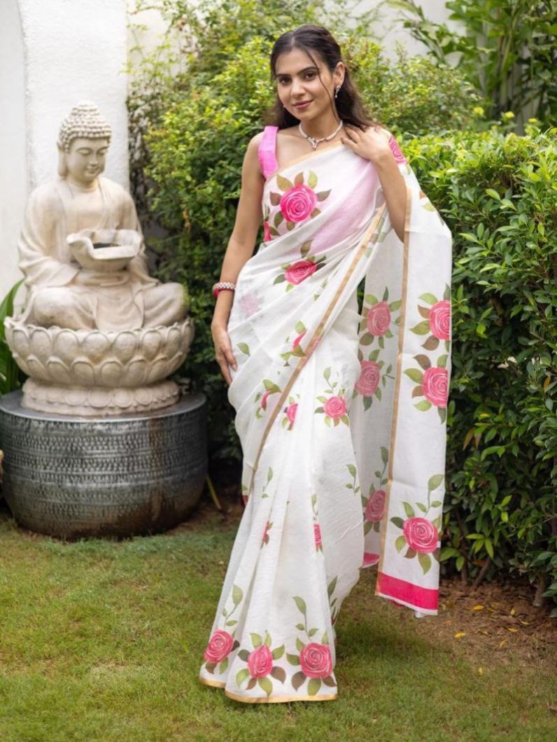 White Floral Printed Cotton Linen Saree with Pink Border Magnite-Magnite (SE-1079-Cotton Lilen)