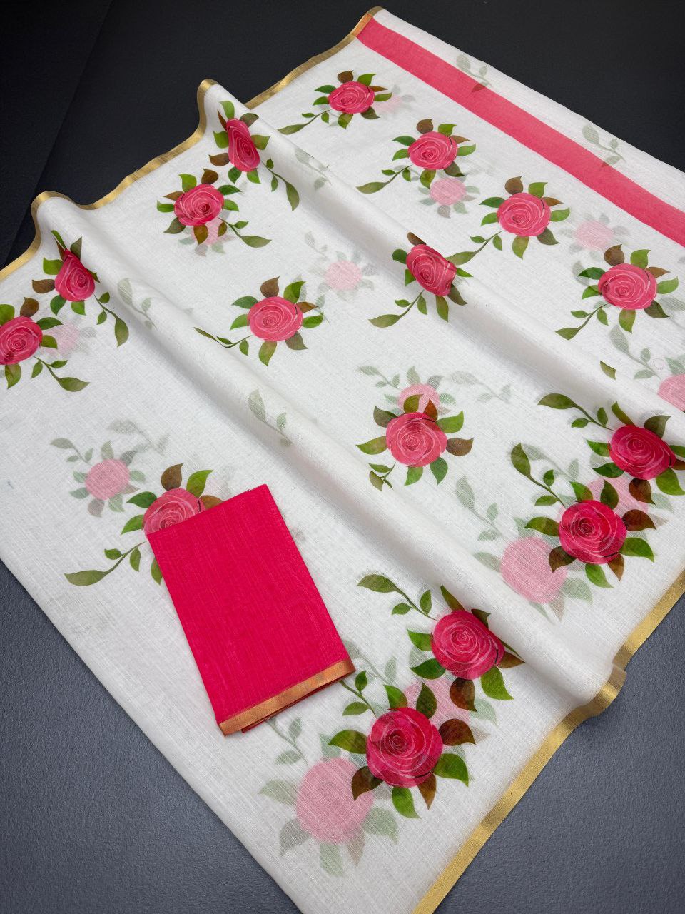 White Floral Printed Cotton Linen Saree with Pink Border Magnite-Magnite (SE-1079-Cotton Lilen)