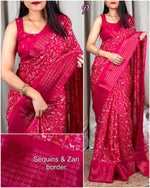 Load image into Gallery viewer, New Kalamkari Print Saree With Sequin &amp; Zari Boder &amp; Tussles in Pallu With Printed Blouse
