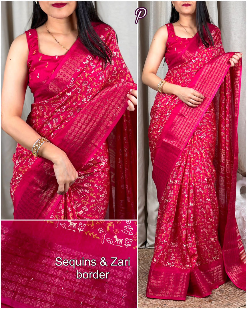 New Kalamkari Print Saree With Sequin & Zari Boder & Tussles in Pallu With Printed Blouse